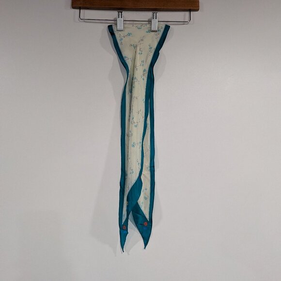 Sacha 100% Silk Floral Long Scarf Teal Cream VINTAGE - Picture 1 of 4
